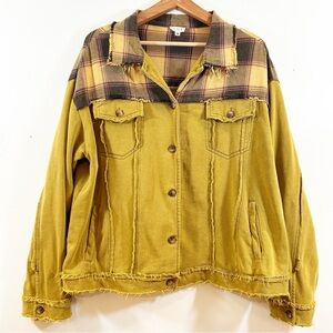 POL Yellow Black Purple Plaid Cotton Shabby Chic Cowgirl Utility Shacket